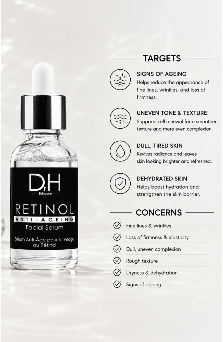Dr H Anti-Ageing Retinol Facial Serum 30ml for Fine Lines & Wrinkles, Loss of Firmness, Alternate, color, White