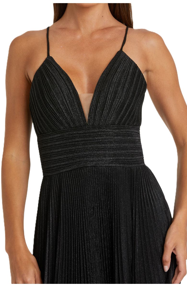 Mac Duggal Shimmer Pleated Plunge Neck Criss Cross Back Gown, Alternate, color, Black