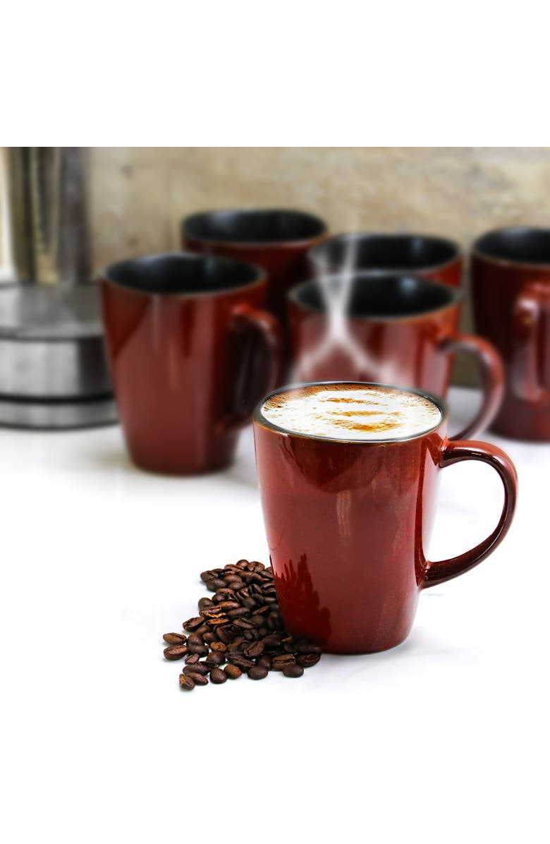 Elama Harland 14 Ounce 6 Piece Luxe and Large Stoneware Dinner Mugs, Alternate, color, Red