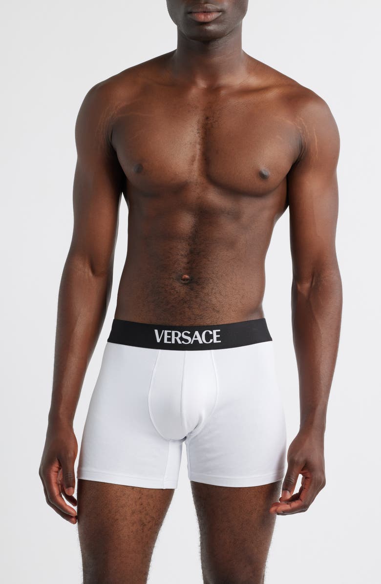 Versace Essential Logo Stretch Cotton Boxer Briefs, Main, color, Optical White