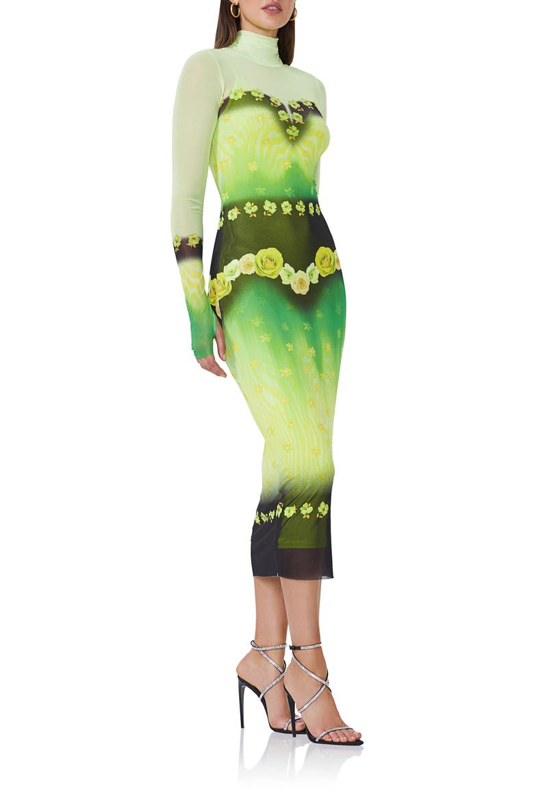 Shailene Long Sleeve Turtleneck Mesh Dress, Alternate, color, LIME FLORAL PLACEMENT