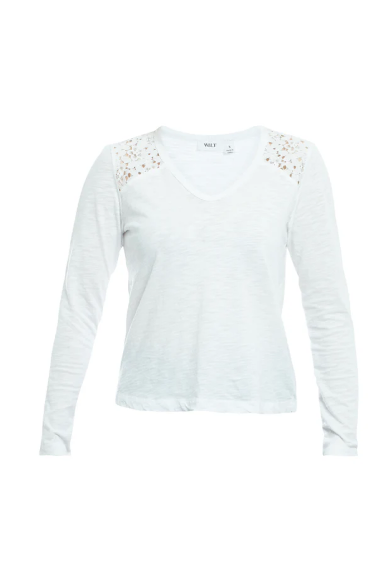 V-Neck Long Sleeve Mixed Media Tee with Lace Inset, Alternate, color, White