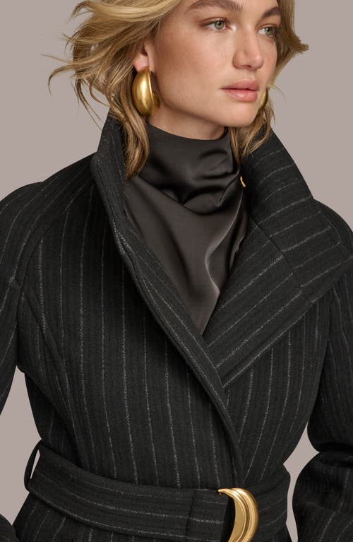 Donna Karan New York Belted Wool Wrap Coat In Black Pinstripe