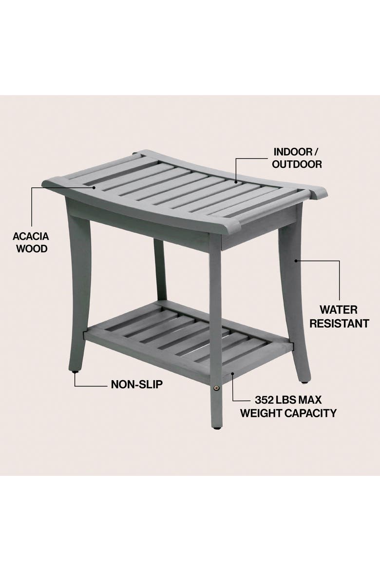 Tucker Modern Acacia Wood Shower Bench with Storage Shelf, Water-Resistant 2-Tier Spa Bath Stool for Bathroom and Outdoor Use, Alternate, color, Gray