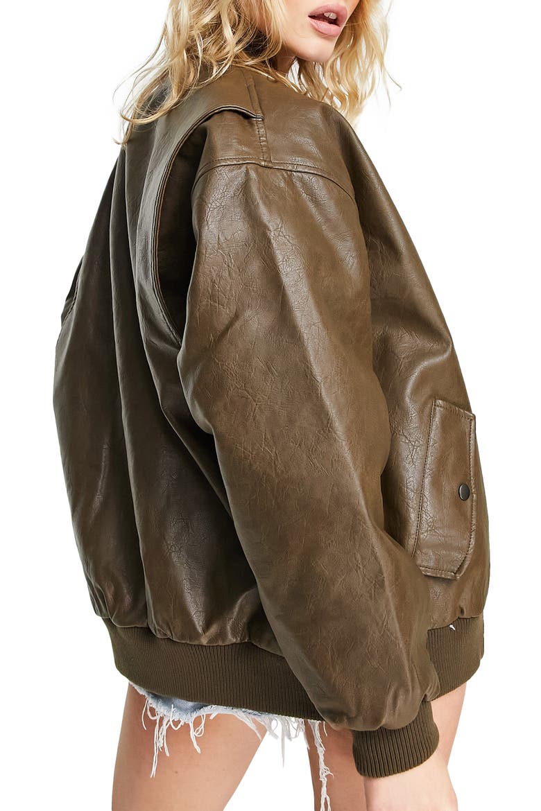 Oversize Washed Faux Leather Bomber Jacket, Alternate, color, BROWN