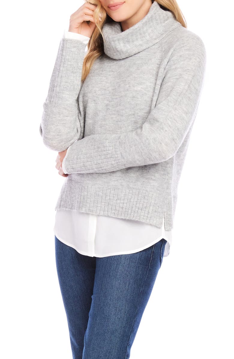 Karen Kane Mixed Media Layered Turtleneck Sweater, Alternate, color, Light Heather Grey