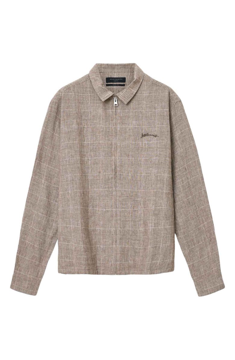 AllSaints Keal Embroidered Logo Glen Plaid Linen Blend Jacket, Alternate, color, Sediment Brown