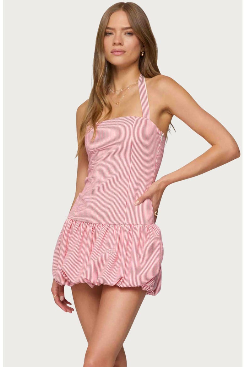 Pinstripe Bubble Hem Halter Minidress, Alternate, color, RED