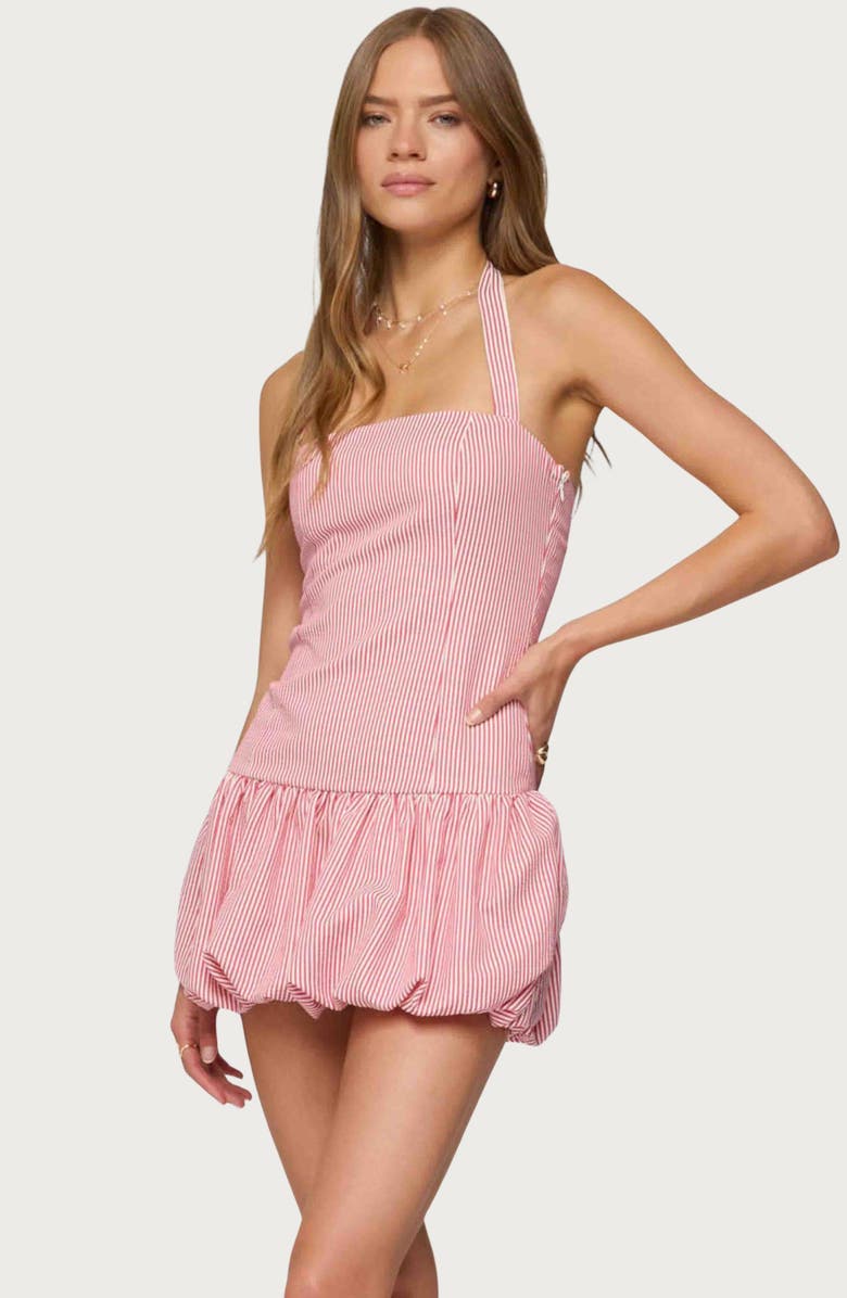 EDIKTED Pinstripe Bubble Hem Halter Minidress, Alternate, color, Red