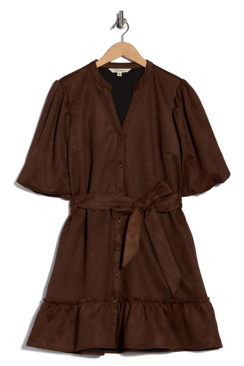 Faux Suede Puff Sleeve Shirtdress, Alternate, color, ROOT BROWN