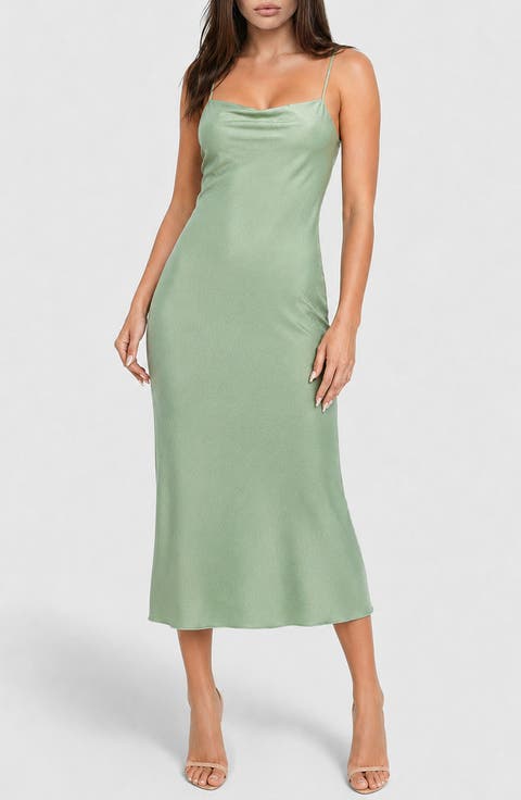 Crepe Satin Cowl Neck Midi Slipdress