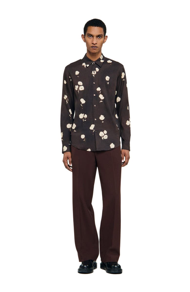 SANDRO Floral print linen shirt, Main, color, Chocolate