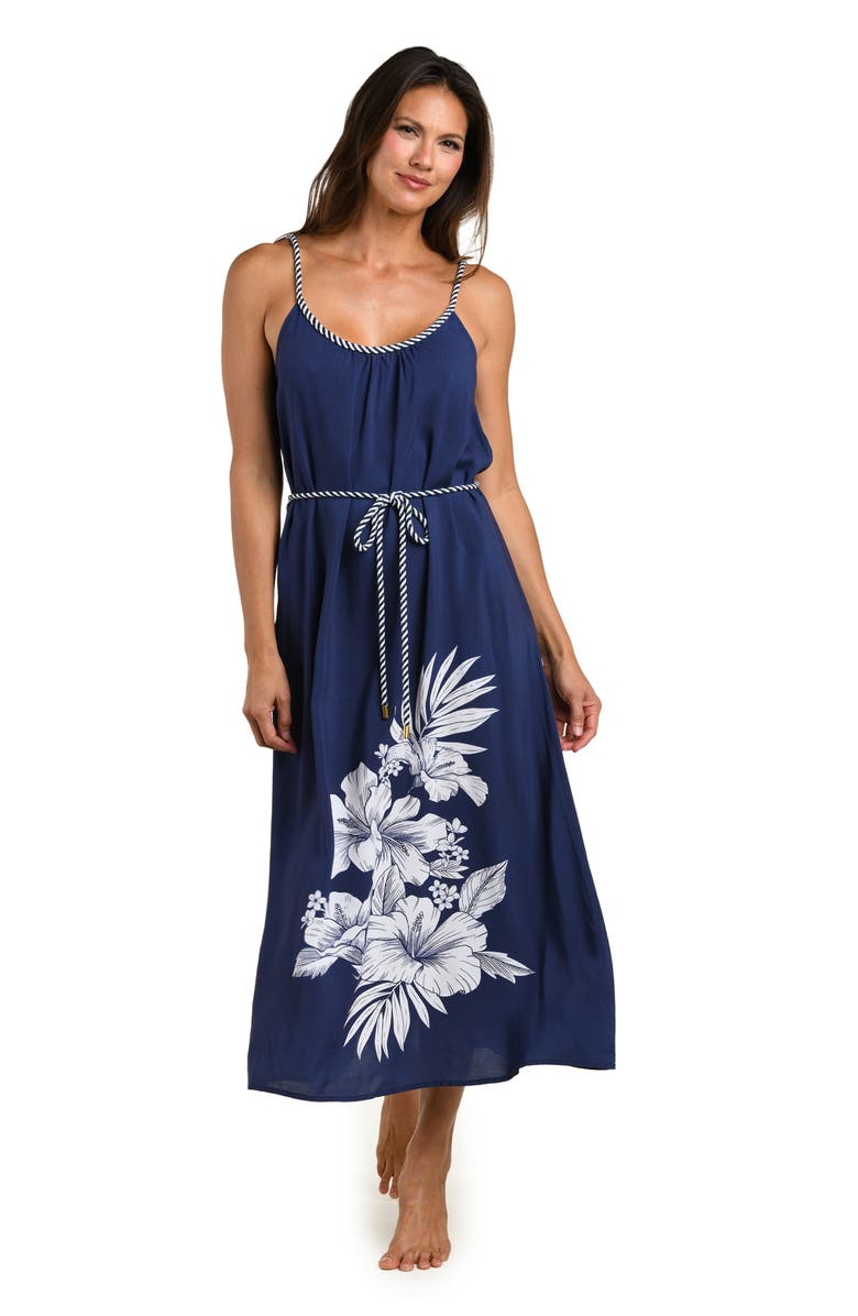 La Blanca Mariner Tie Waist Sleeveless Cover-Up Midi Dress, Alternate, color, Indigo