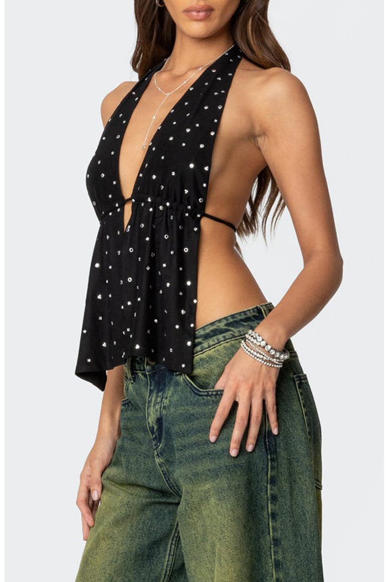 Studded Split Front Open Back Halter Top, Alternate, color, BLACK