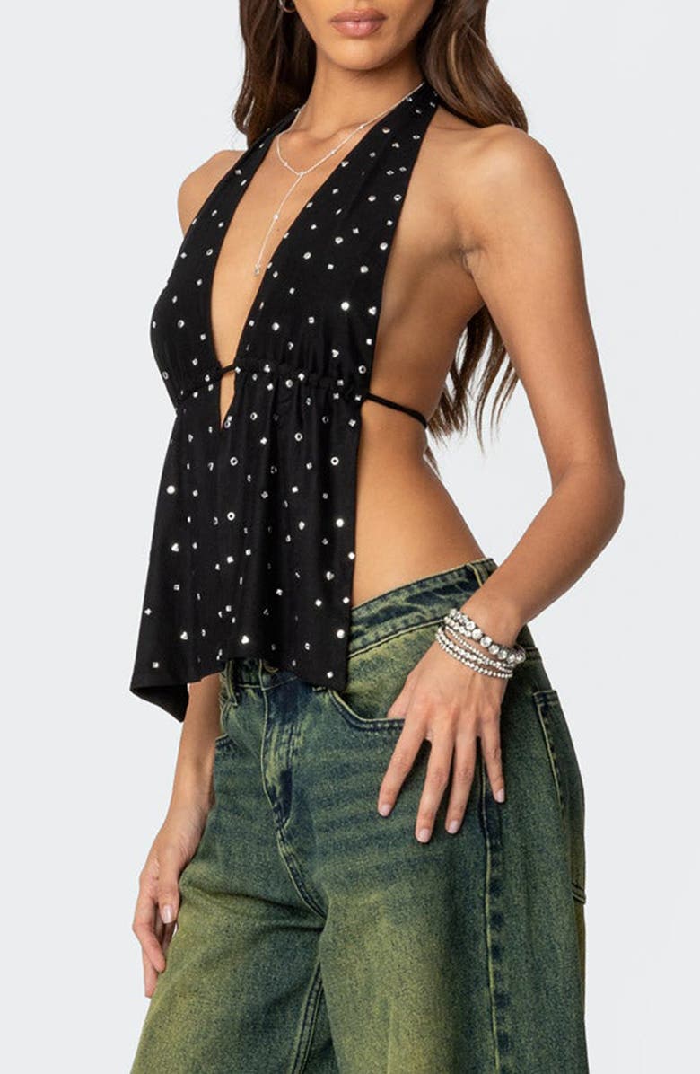 EDIKTED Studded Split Front Open Back Halter Top, Alternate, color, Black