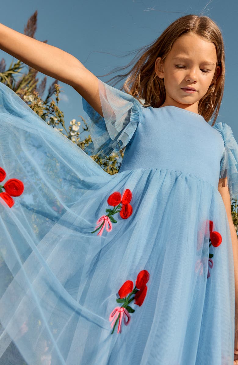 Mini Boden Kids' Embroidered Tulle & Knit Dress, Alternate, color, Glacier Blue Roses