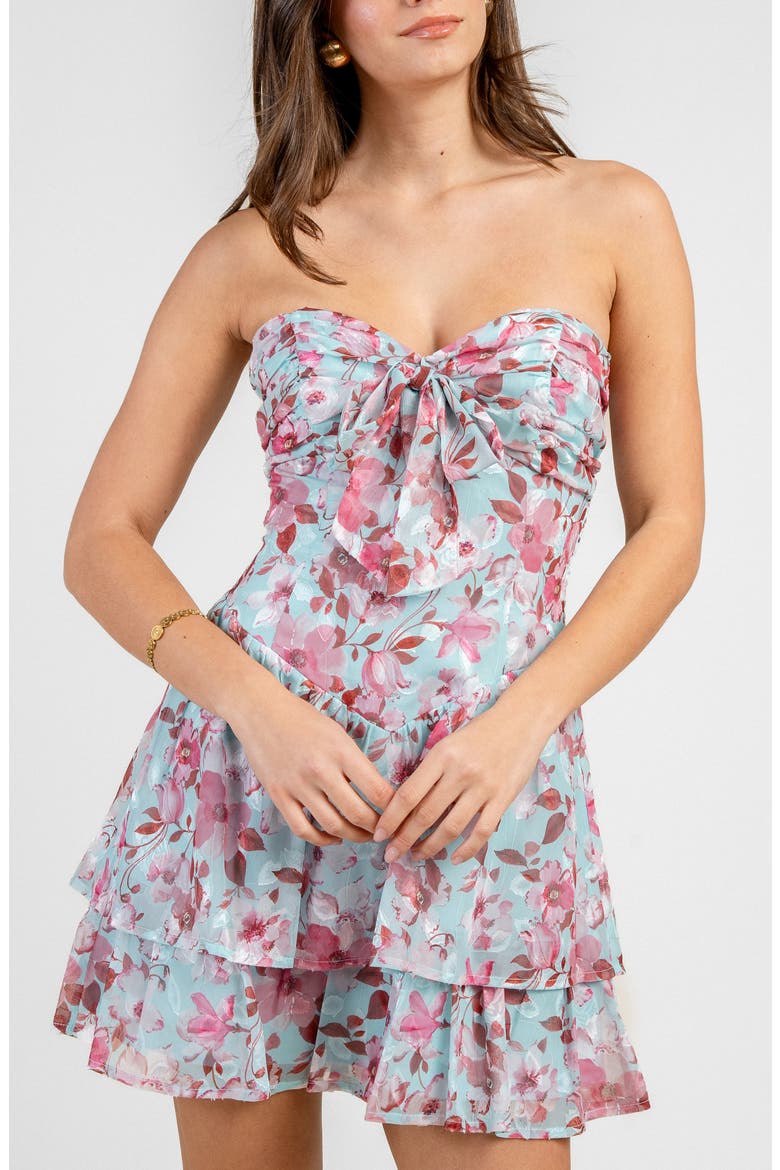 Floral Strapless Chiffon Fit & Flare Minidress, Alternate, color, BLUE PINK