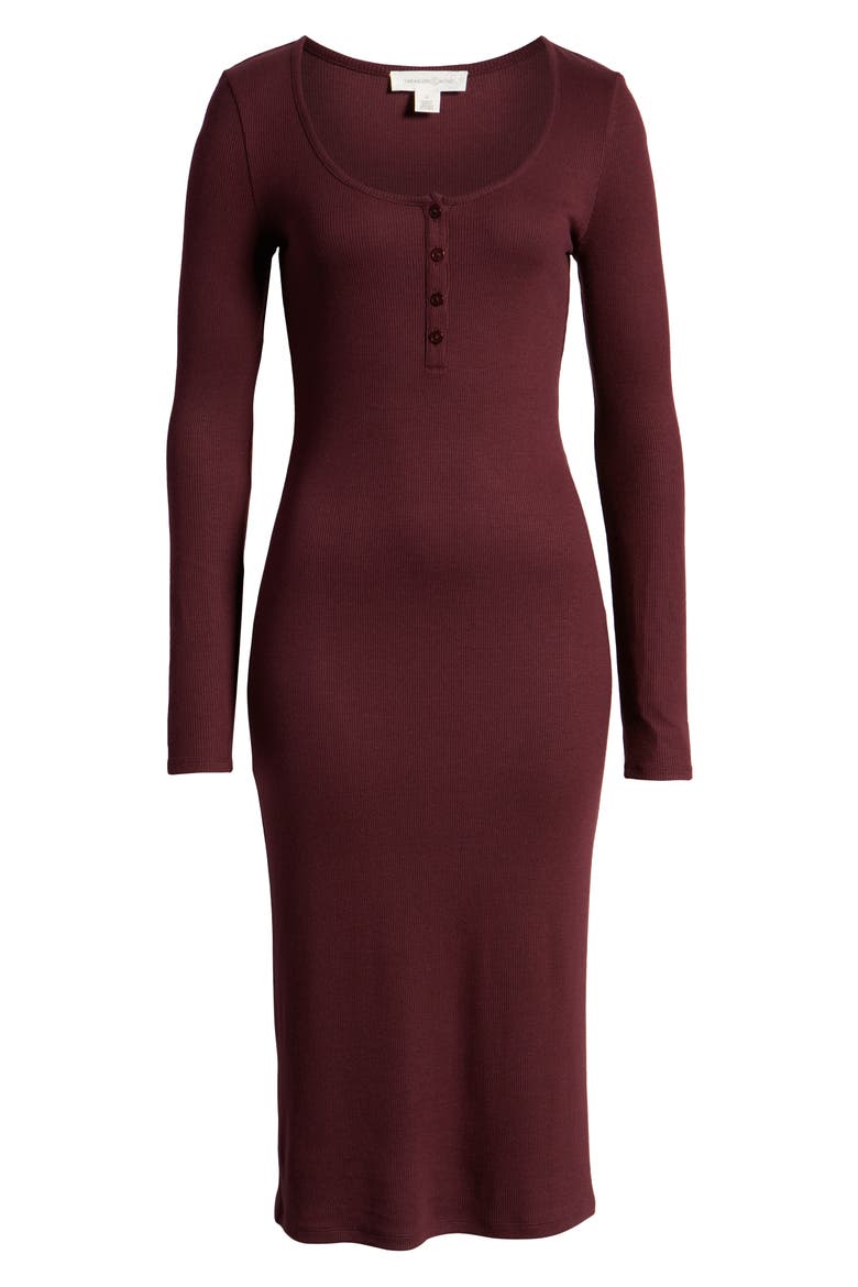 Ribbed Henley Midi Dress, Alternate, color, BURGUNDY STEM