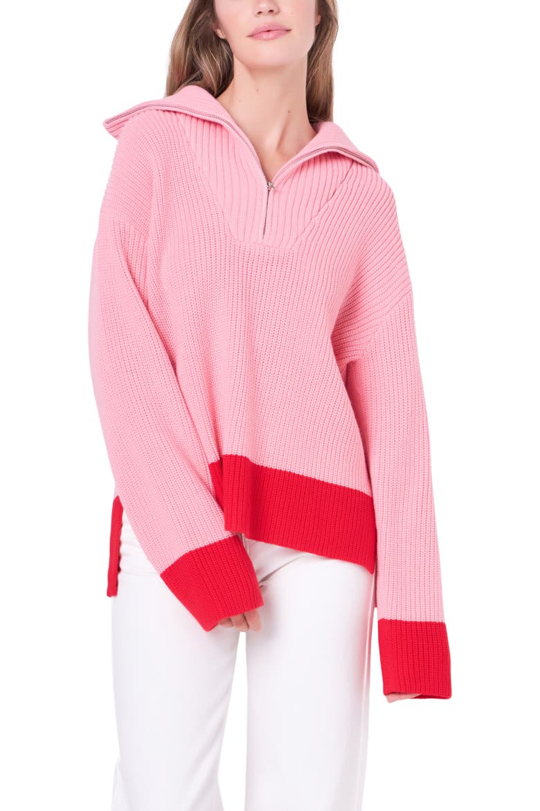 Contrast Quarter Zip Sweater, Main, color, PINK/ RED