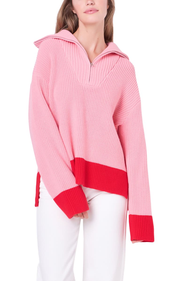 English Factory Contrast Quarter Zip Sweater, Main, color, Pink/ Red