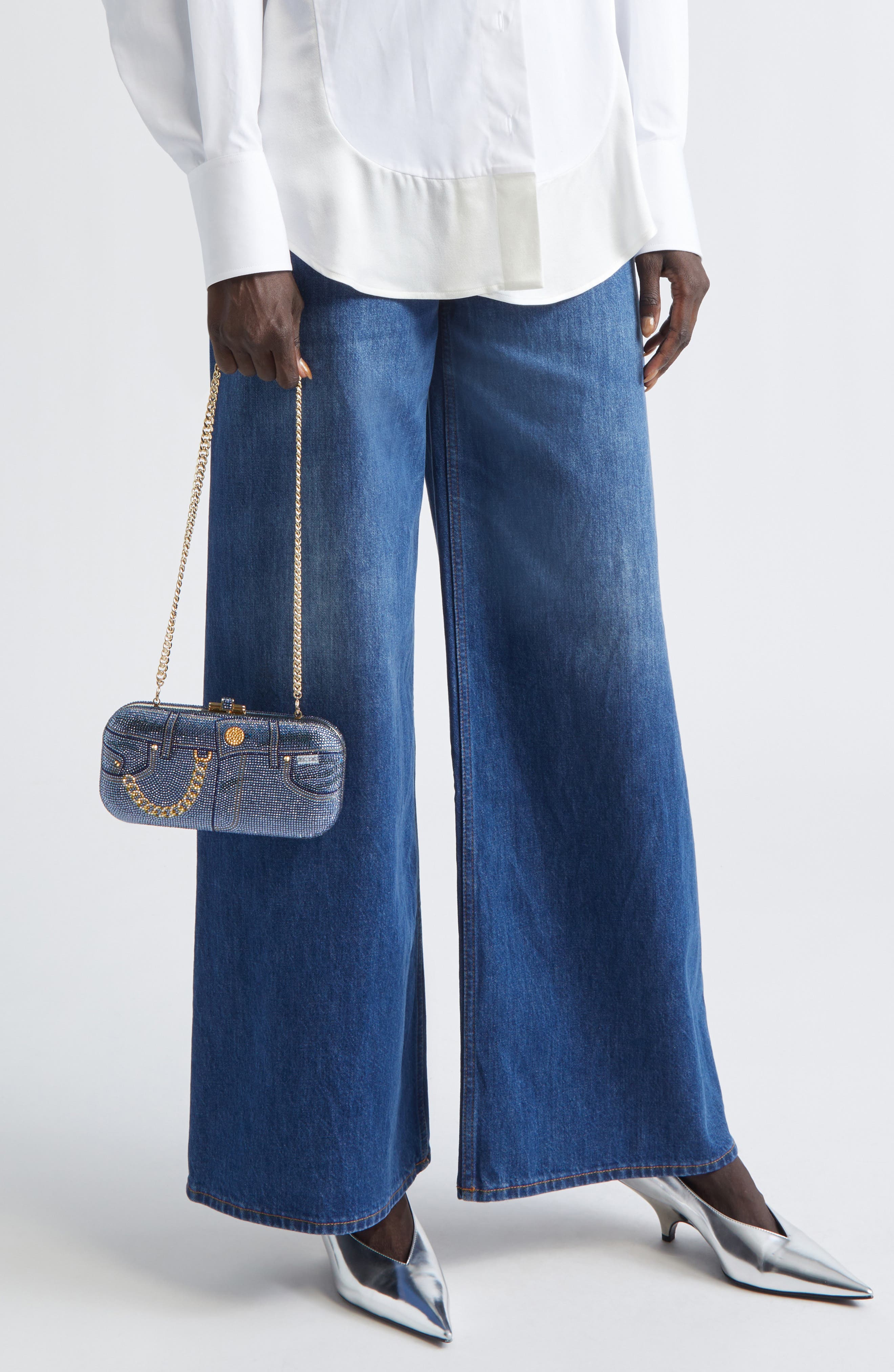 JUDITH LEIBER COUTURE Slide Jeans Crystal Embellished Clutch, Alternate, color, Champagne Denim Blue Multi