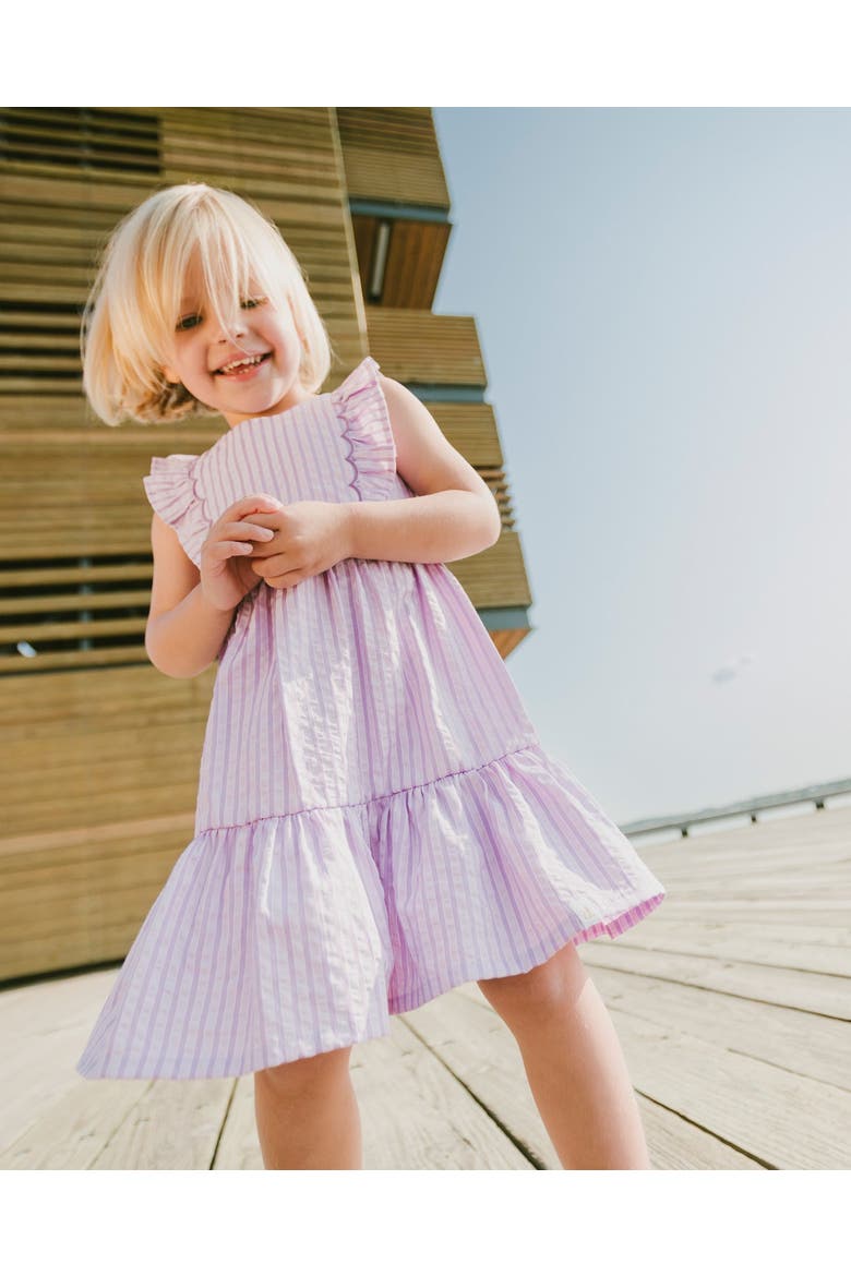 Sleeveless Flutter Ruffles Striped Dress, Alternate, color, Lavender Stripes