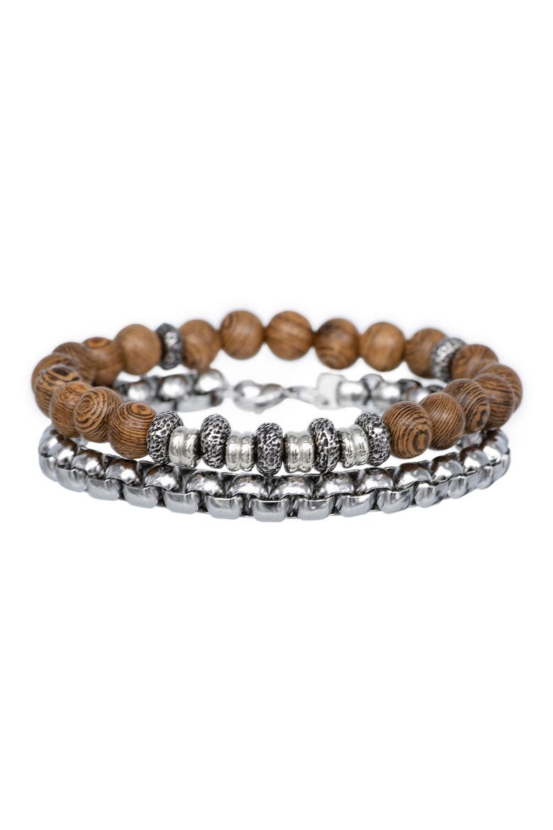 Men's Set of 2 Beaded Stretch Bracelet & Box Chain Bracelet, Main, color, BEIGE/ SILVER