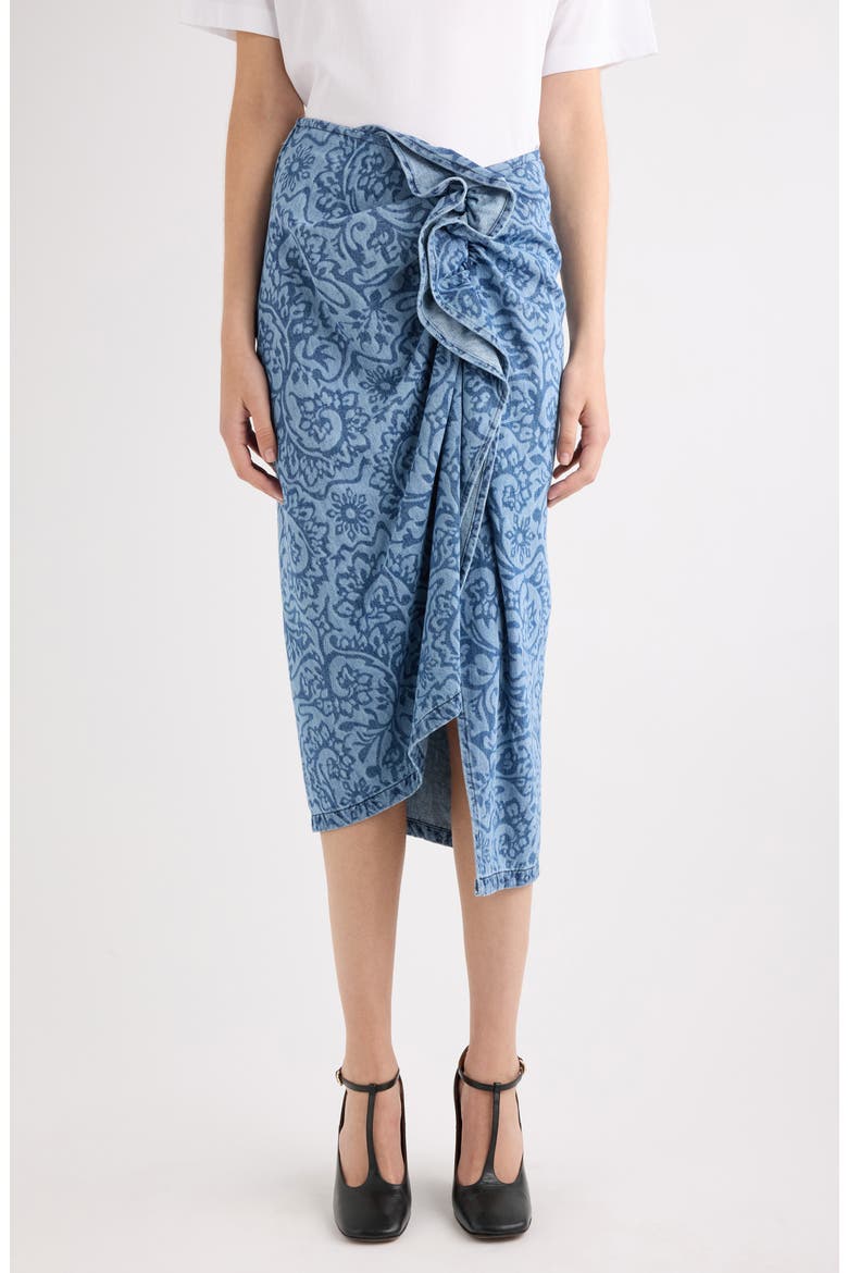 Sinas Lasered Stonewash Denim Midi Skirt, Main, color, BLUE