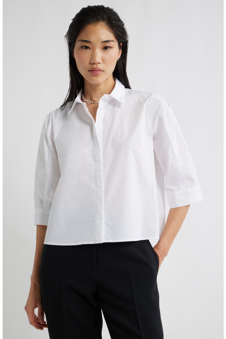 Crop Puff Sleeve Cotton Button-Up Shirt, Main, color, WHITE