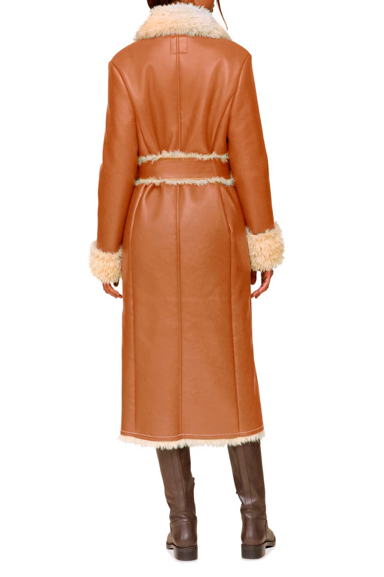 Faux Leather & Faux Shearling Belted Long Coat, Alternate, color, WHISKEY