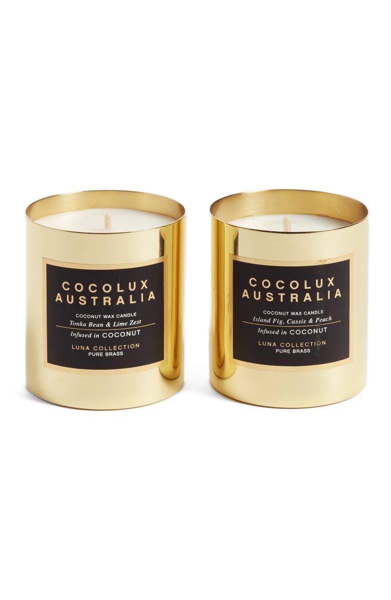 Cocolux Australia Island Fig, Cassis & Peach & Tonka Bean & Lime Zest Candle Duo, Main, color,