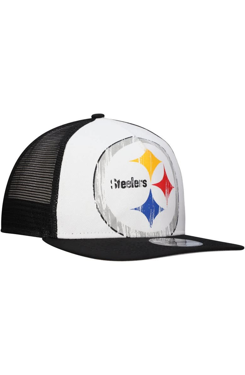 New Era Men's New Era White/Black Pittsburgh Steelers Distressed 9FIFTY A-Frame Snapback Hat, Alternate, color, White