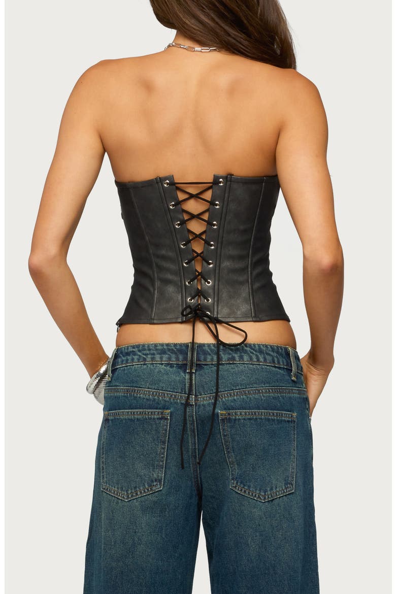 Izara Studded Strapless Faux Leather Top, Alternate, color, BLACK-WASHED