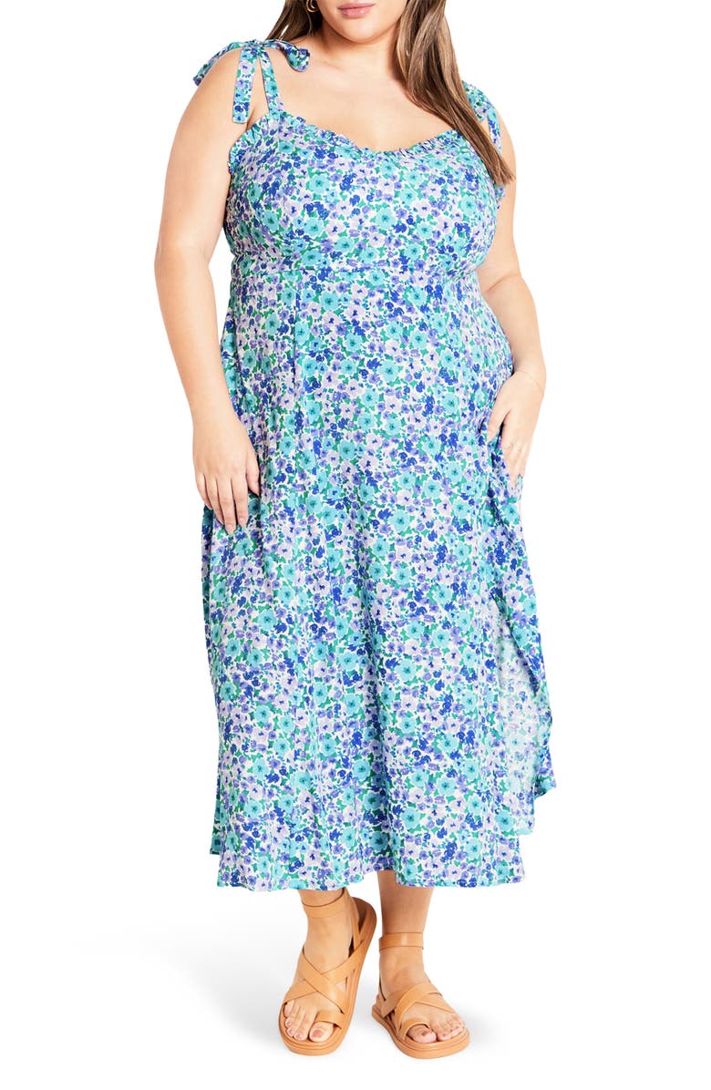 City Chic Tamara Floral Tie Strap Midi Sundress, Main, color, Blue Ditsy Floral