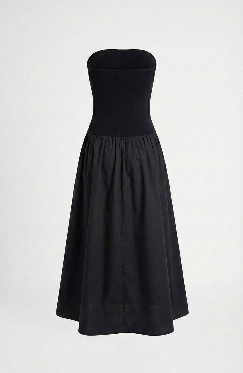 Modenaire Strapless Smocked Bodice Midi Dress with Flowy Skirt and Pockets, Alternate, color, Black