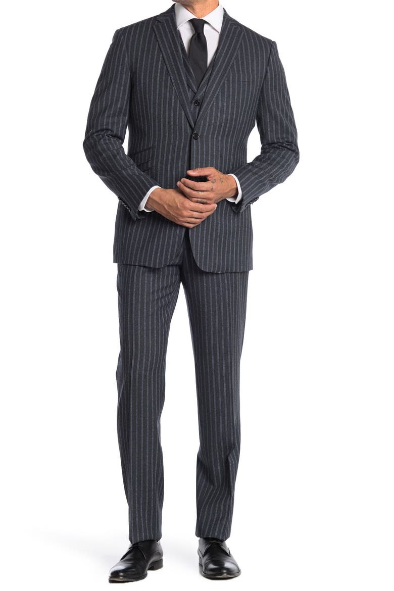 Dark Grey Stripe Two Button Notch Lapel Wool Slim Fit 3-Piece Suit, Main, color, DARK GRAY