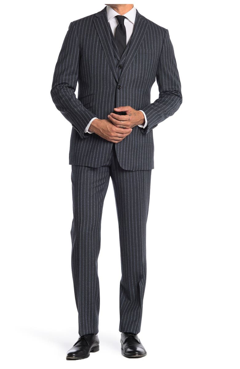 English Laundry Dark Grey Stripe Two Button Notch Lapel Wool Slim Fit 3-Piece Suit, Main, color, 