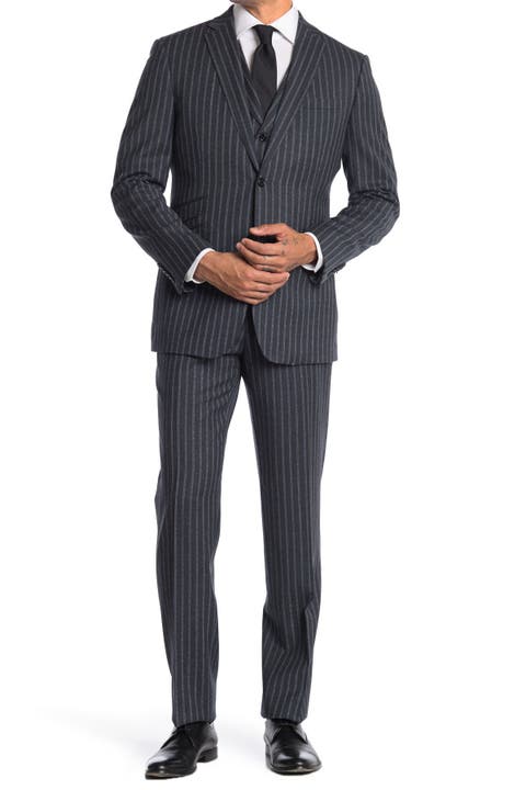 Dark Grey Stripe Two Button Notch Lapel Wool Slim Fit 3-Piece Suit