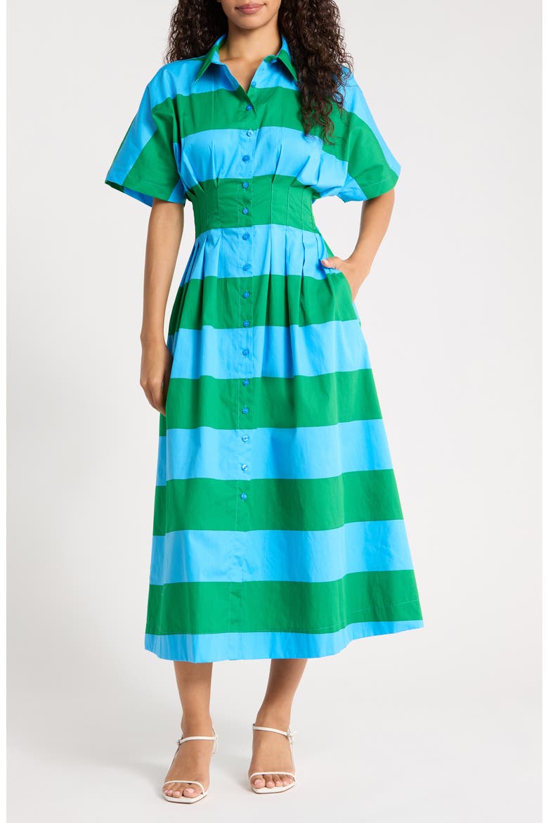 Wilderra Pleated Cotton Maxi Shirtdress, Main, color, BLUE-GREEN-STRIPE