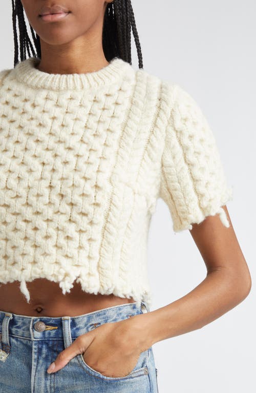 R13 Cutoff Shrunken Fisherman Stitch Wool Sweater In Neutral