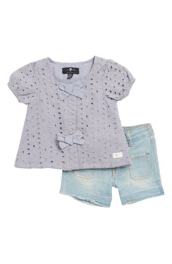 7 For All Mankind Cotton Eyelet Top & Denim Shorts Set In Lavender Mist