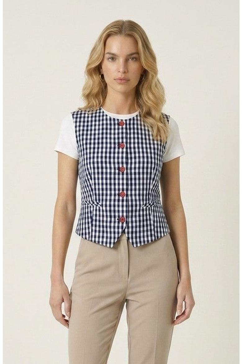 Sleeveless Gingham Button Front Top with Waist Tie, Main, color, Blue
