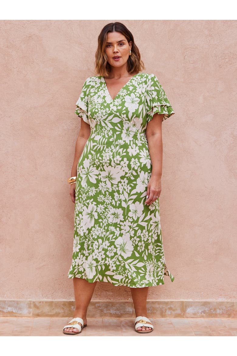 Floral Flutter Sleeve Dress, Alternate, color, Green