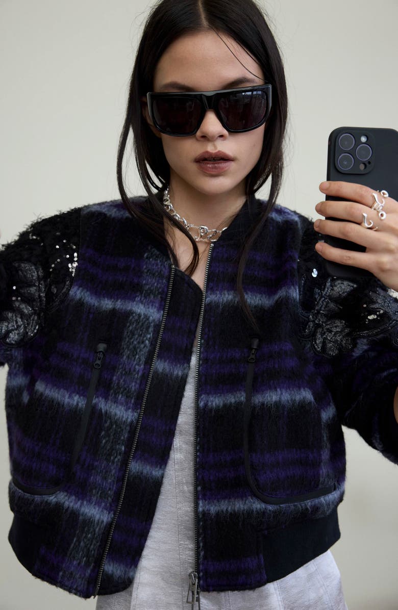 Desigual Sequin Appliqué Crop Jacket, Alternate, color, Purple