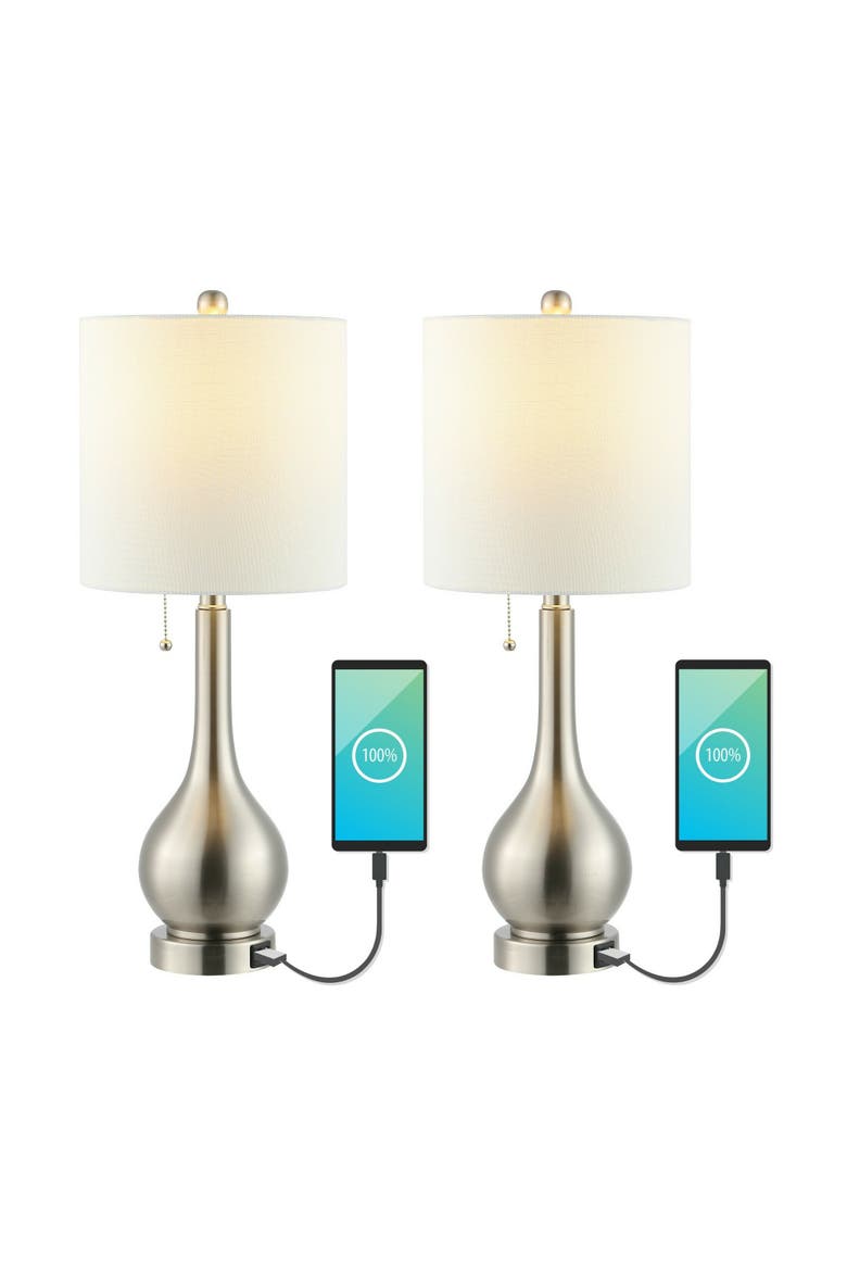 Tyler 24" Modern Classic Gourd Iron LED Table Lamp with Pull-Chain with Dual USB Charging Port, Main, color, Nickel