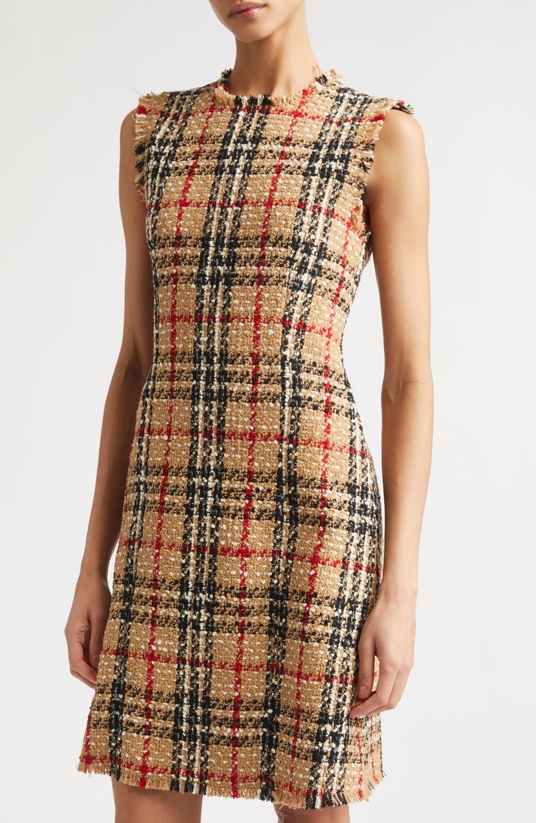 Burberry Abigail Sleeveless Check Tweed Bouclé Sheath Dress, Alternate, color, Sand Ip Check
