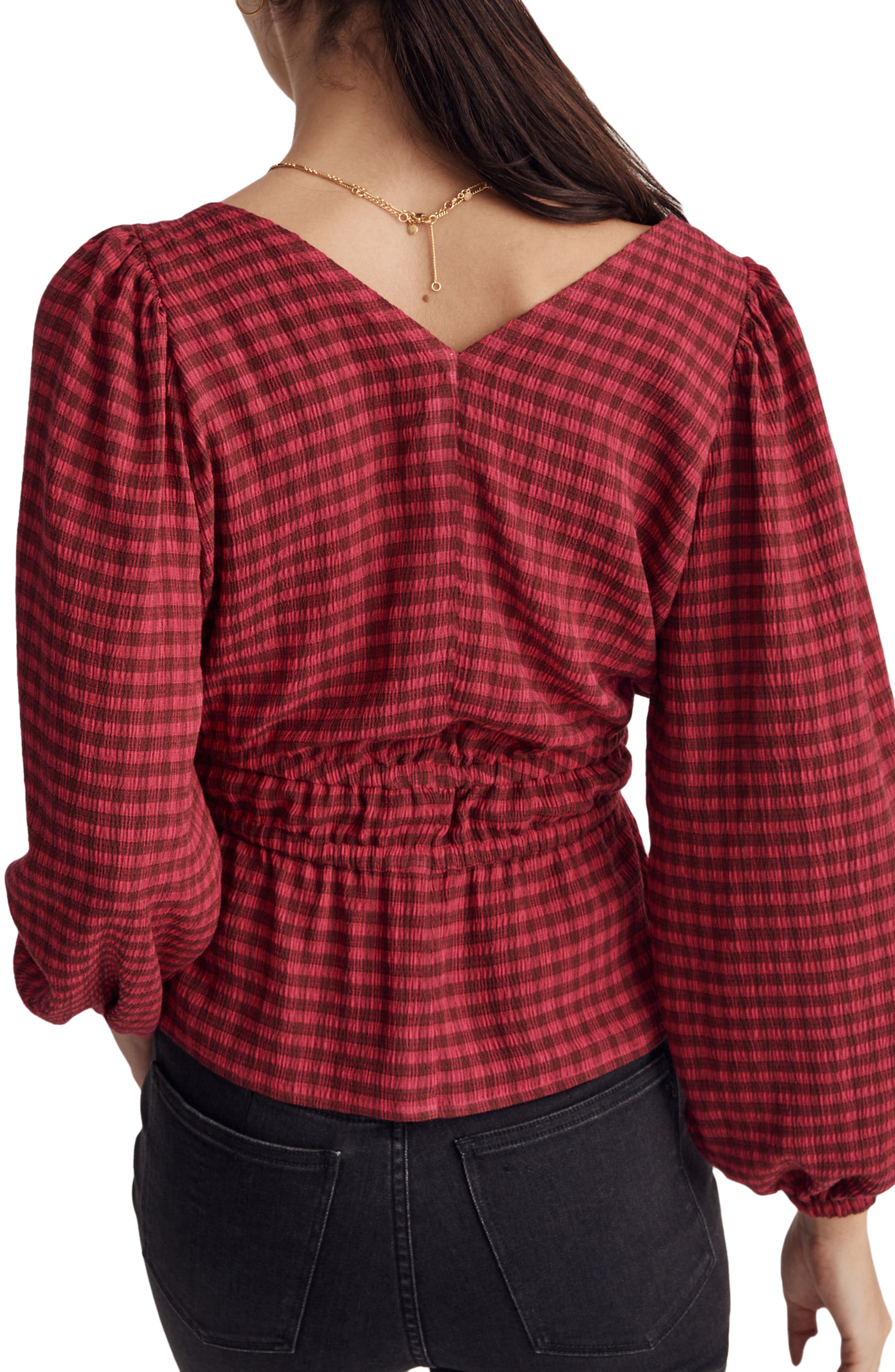 Madewell Plaid Crinkled V-Neck Peplum Top (Women) | Nordstromrack
