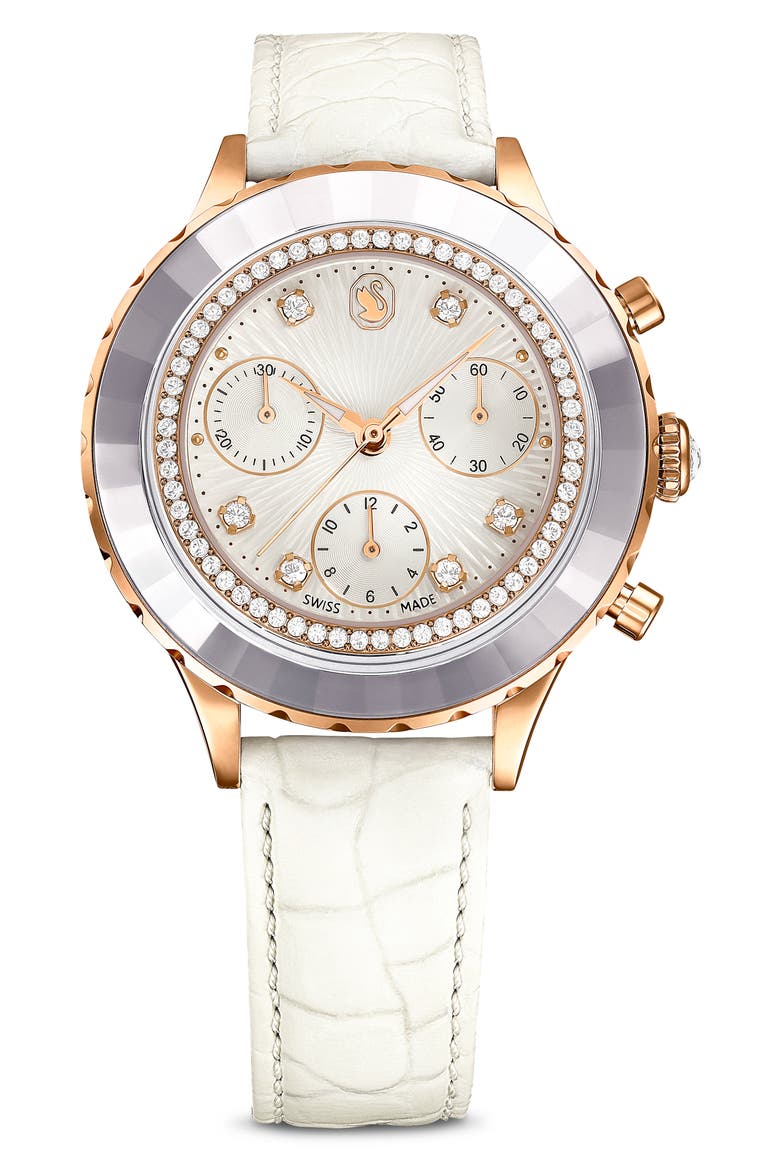 Octea Chronograph Leather Strap Watch, 37mm, Main, color, WHITE