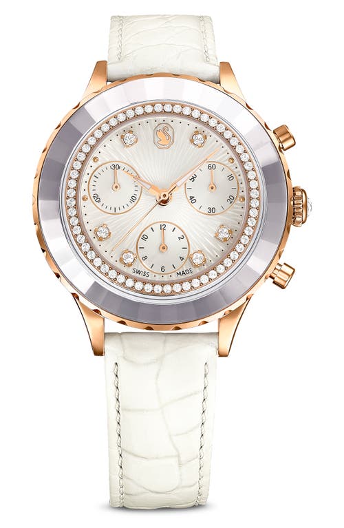 Swarovski Octea Chronograph Leather Strap Watch, 37mm in White at Nordstrom