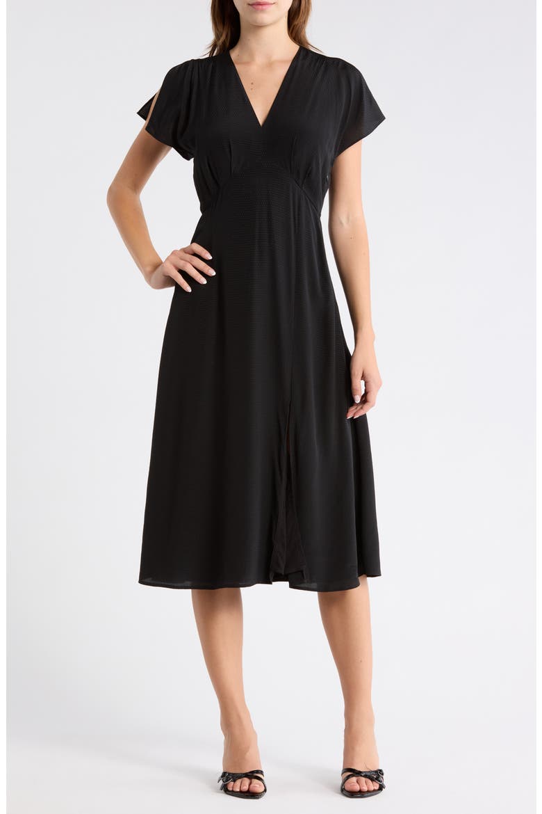 Dawarina Short Sleeve Silk Fit & Flare Dress, Main, color, BLACK
